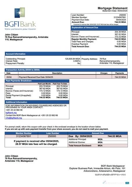 Download Madagascar BGFI Bank Madagascar mortgage statement Word and PDF template Photoshop template